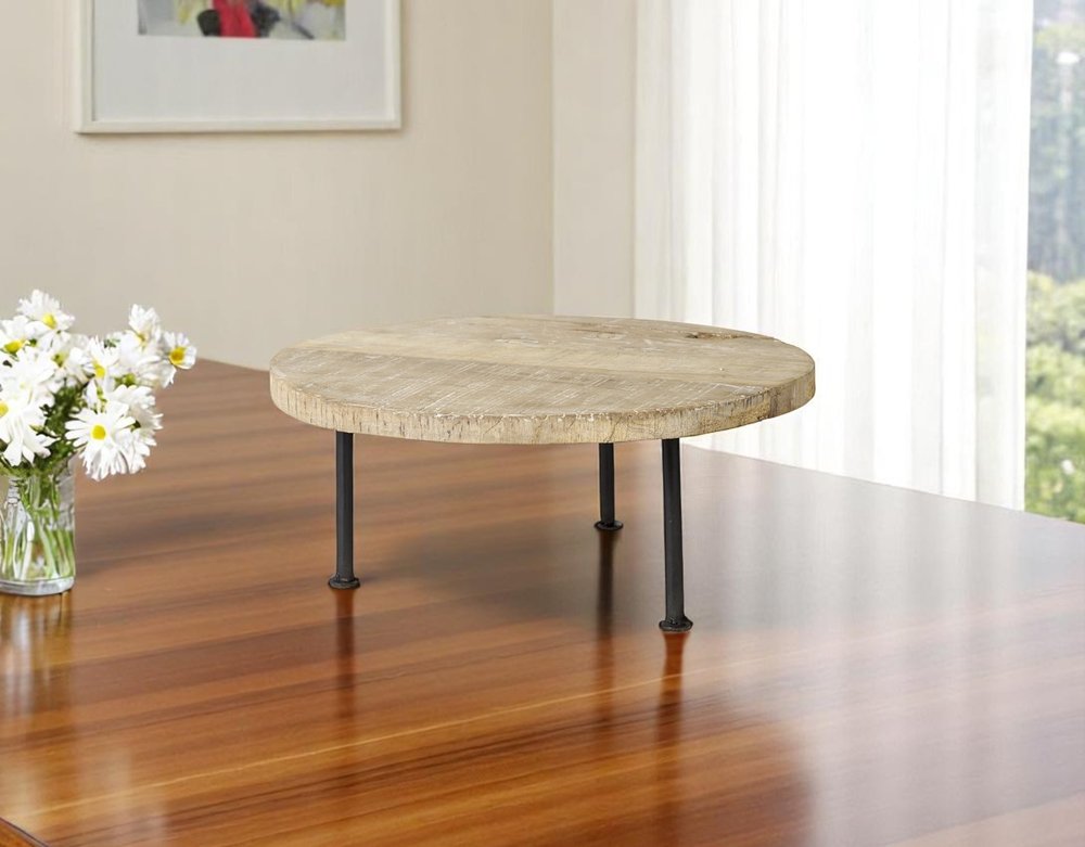 15" Light Brown And Black Round Solid Wood Handmade Riser Tray HomeRoots
