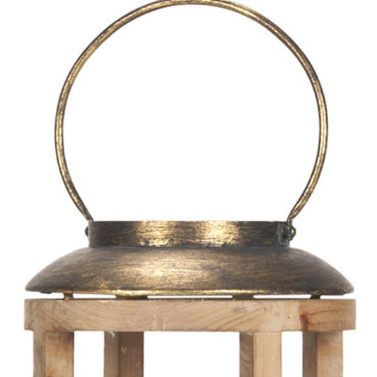 35" Natural And Brass Distressed Geometric Solid Wood And Metal Tabletop Lantern Candle Holder HomeRoots