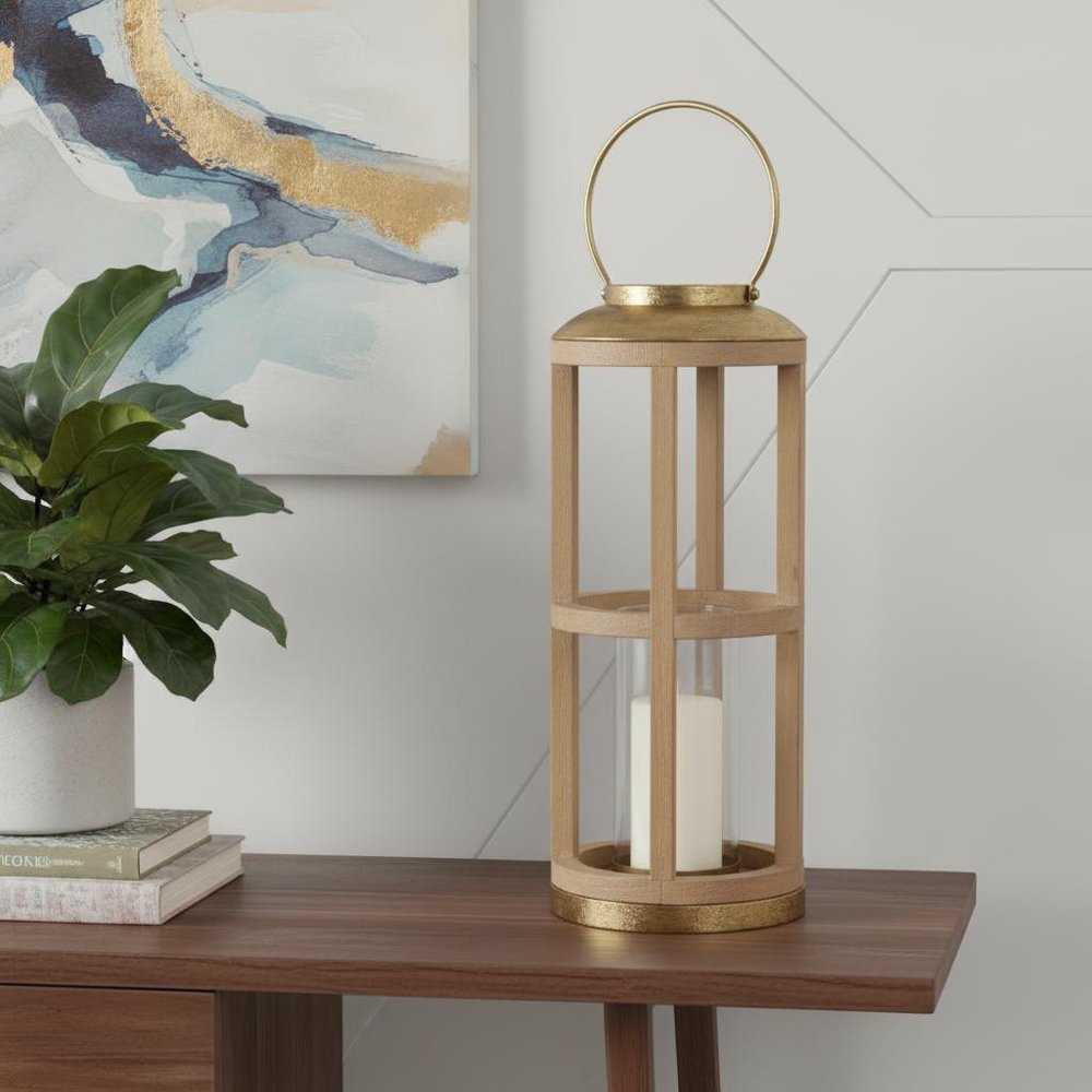 26" Natural And Bronze Distressed Geometric Solid Wood And Metal Tabletop Lantern Candle Holder HomeRoots