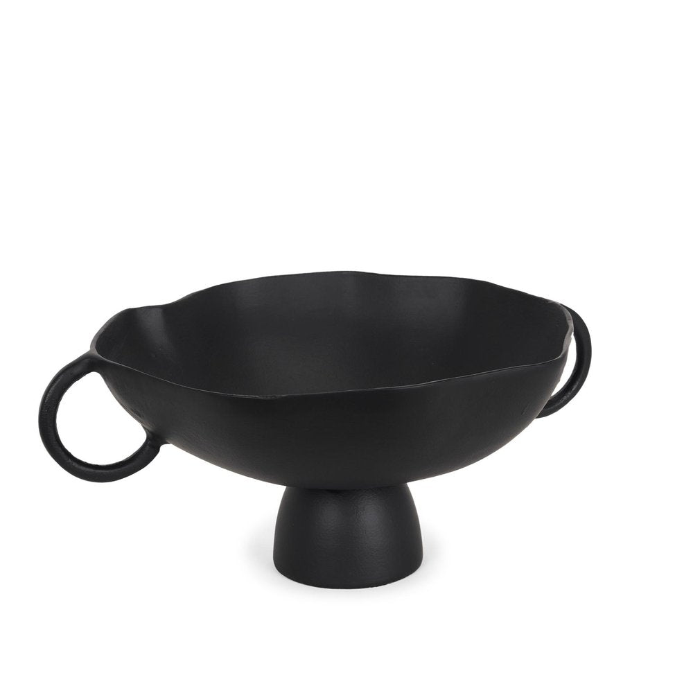 16" Black Metal Wavy Edge Round Pedestal Centerpiece Bowl With Handles HomeRoots