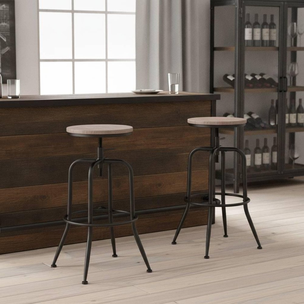 Set of Two Walnut And Black Wood And Iron Backless Adjustable Height Swivel Bar Chairs HomeRoots