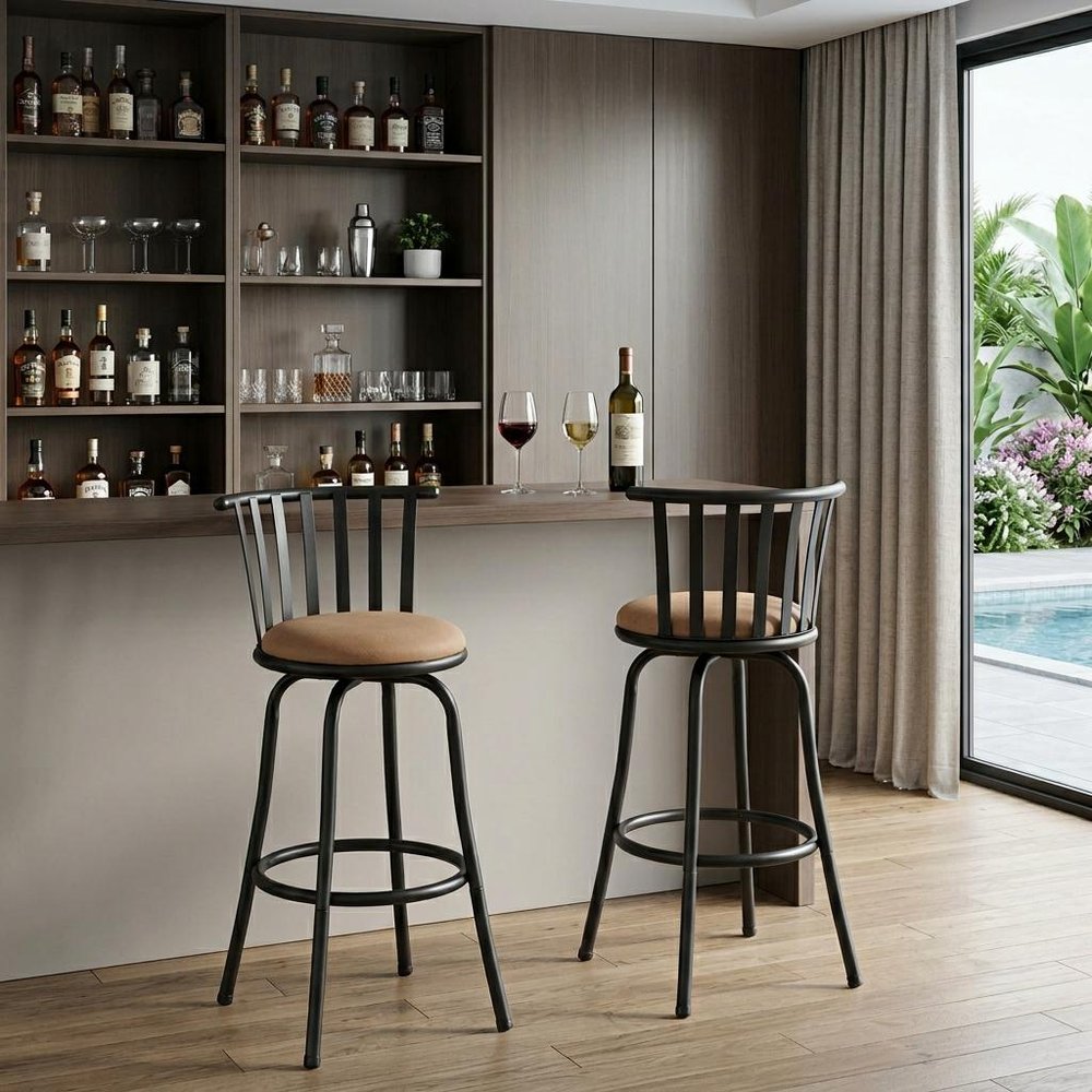 Set of Two Khaki And Black Suede And Faux Leather And Iron Low Back Adjustable Height Swivel Bar Chairs HomeRoots