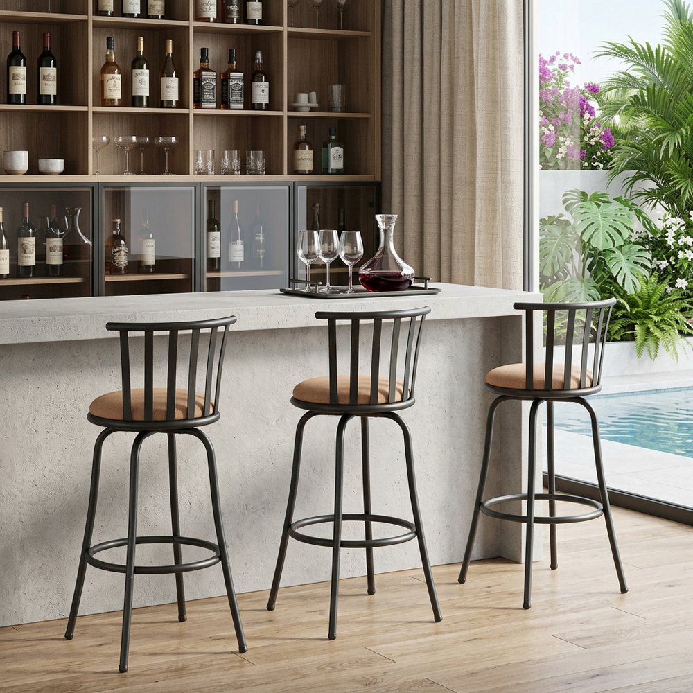 Set of Three Khaki and Black Suede Faux Leather and Iron Low Back Adjustable Height Swivel Bar Chairs HomeRoots