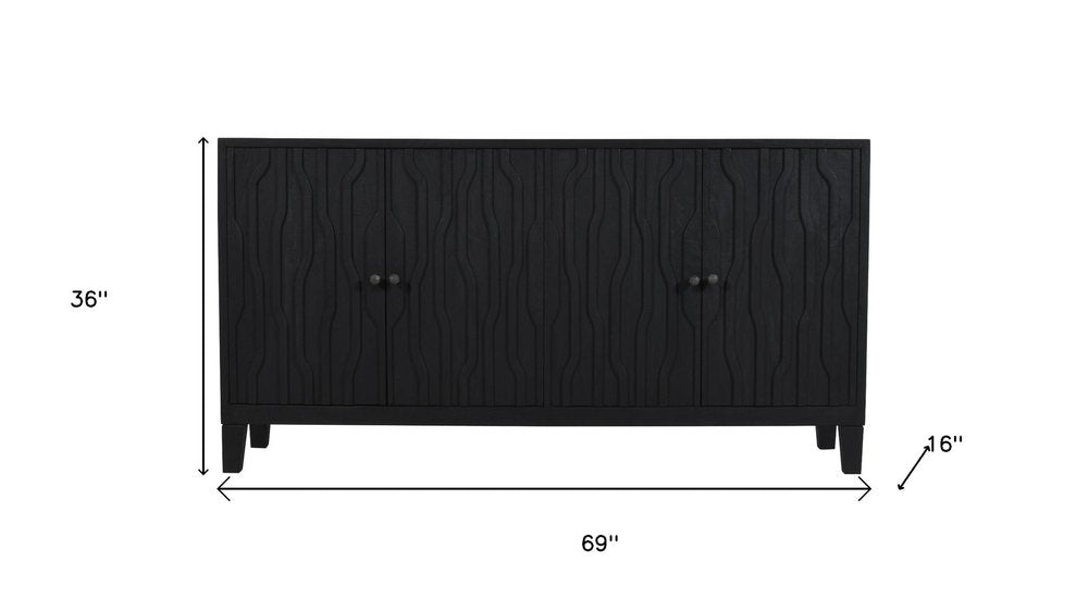 69" Graphite Distressed Reclaimed Wood Carved Geometric Sideboard With Four Doors HomeRoots