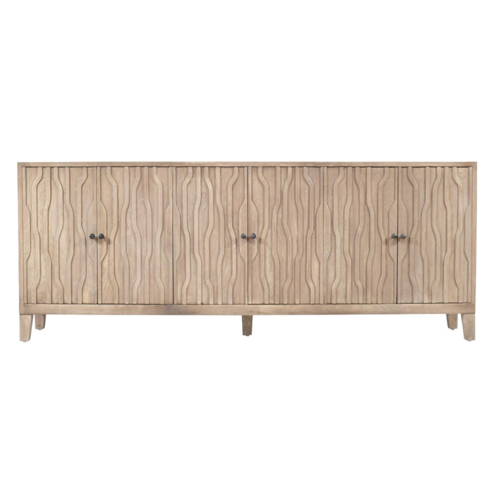 92" Ivory Distressed Reclaimed Wood Carved Geometric Sideboard With Six Doors HomeRoots