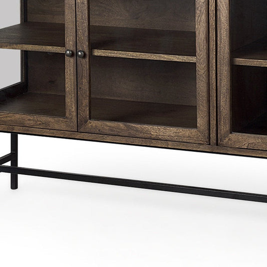 70" Black And Brown Solid Wood Sideboard Soft Close with Four Glass Doors HomeRoots