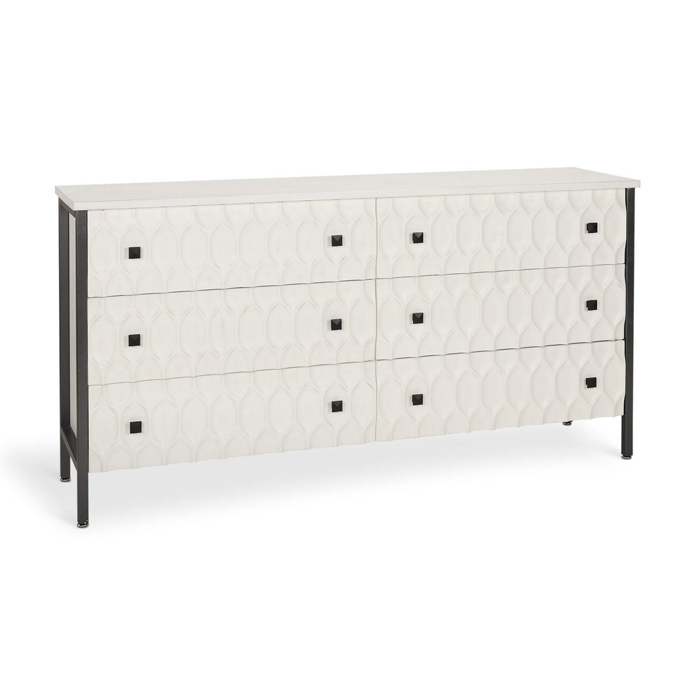 63" Gray And White Wood Carved Geometric Six Drawer Sideboard HomeRoots