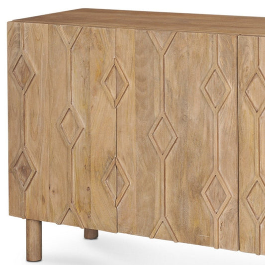 71" Light Brown Solid Wood Carved Geometric Sideboard Soft Close with Four Doors HomeRoots