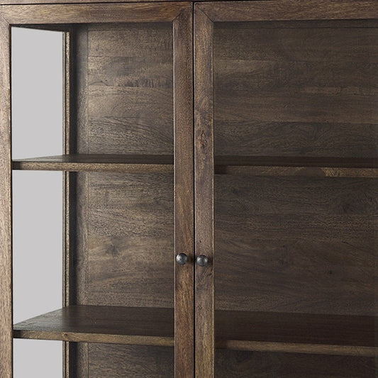 36" Brown and Black Solid Wood and Metal Display Cabinet With Two Doors HomeRoots
