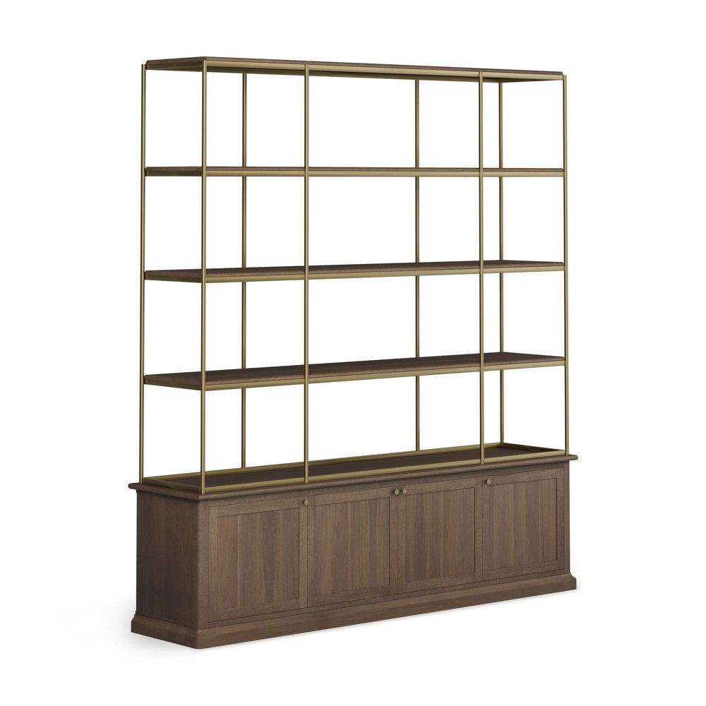 82" Antiqued Brass And Brown Distressed Metal and Solid Wood Four Tier Bookcase with Four Doors HomeRoots