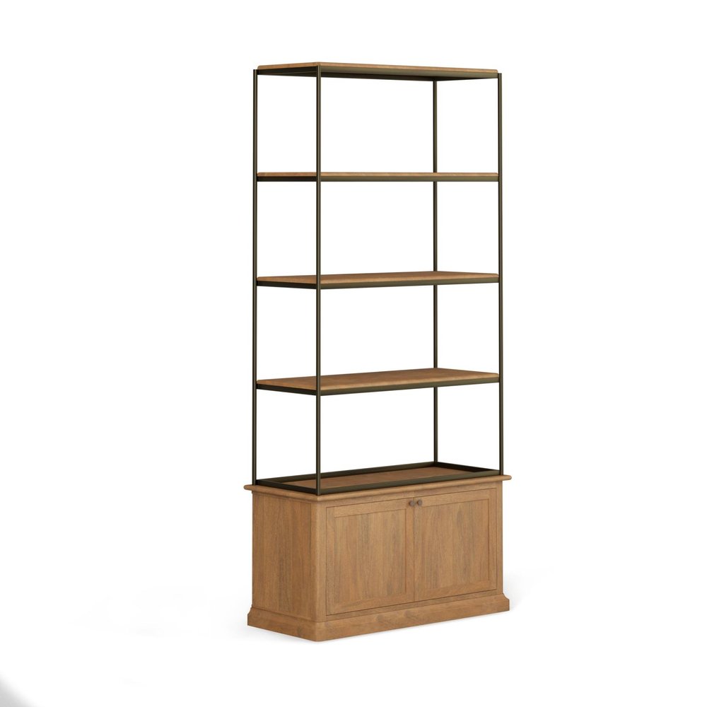 42" Antiqued Brass And Light Brown Distressed Metal and Solid Wood Four Tier Bookcase with Two Doors HomeRoots