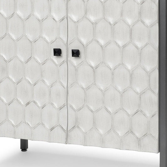 32" White and Gray Wood and Metal Carved Geometric Accent Cabinet With Two Doors HomeRoots