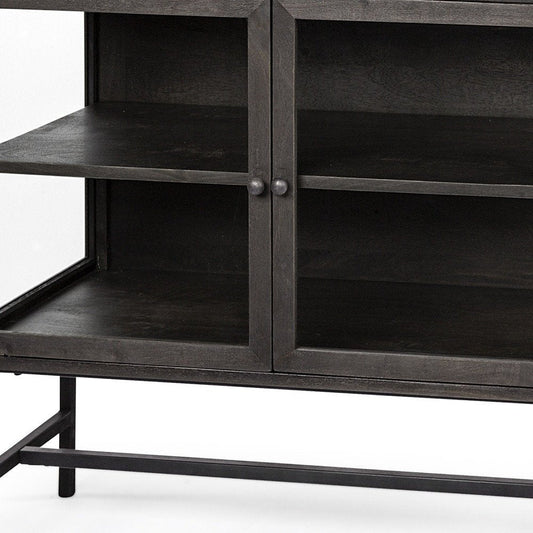 36" Brown and Black Solid Wood and Metal Display Cabinet With Two Doors HomeRoots