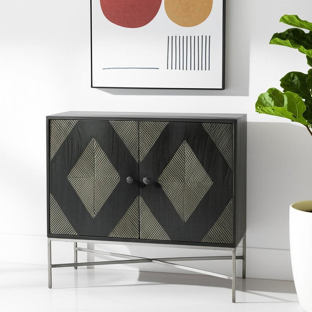 36" Dark Brown and Silver Solid Wood and Iron Carved Geometric Accent Cabinet With Two Doors