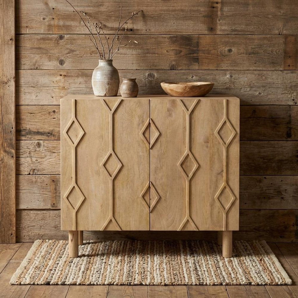 36" Natural Solid Wood Carved Geometric Accent Cabinet With Two Doors HomeRoots