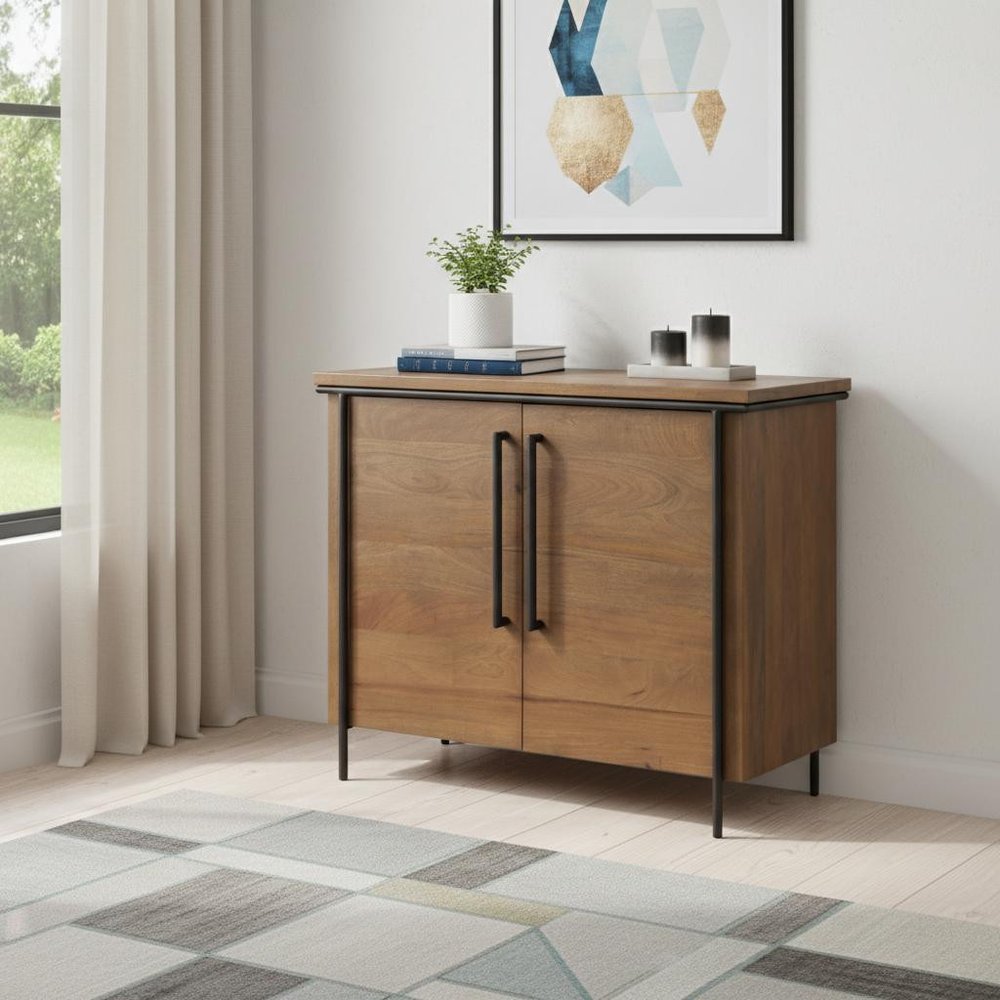 40" Brown and Black Solid Wood and Metal Accent Cabinet With Two Doors HomeRoots