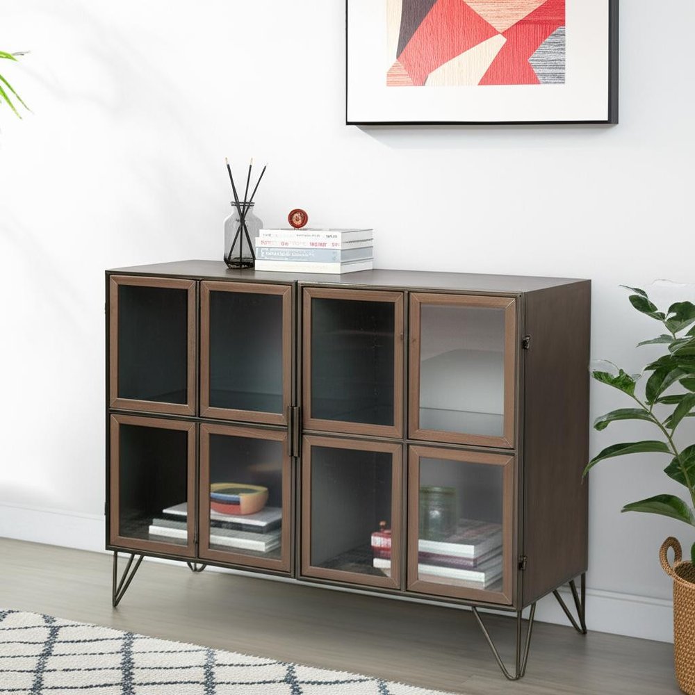 37" Antiqued Brass and Brown Metal and Solid Wood Accent Cabinet With Two Doors HomeRoots