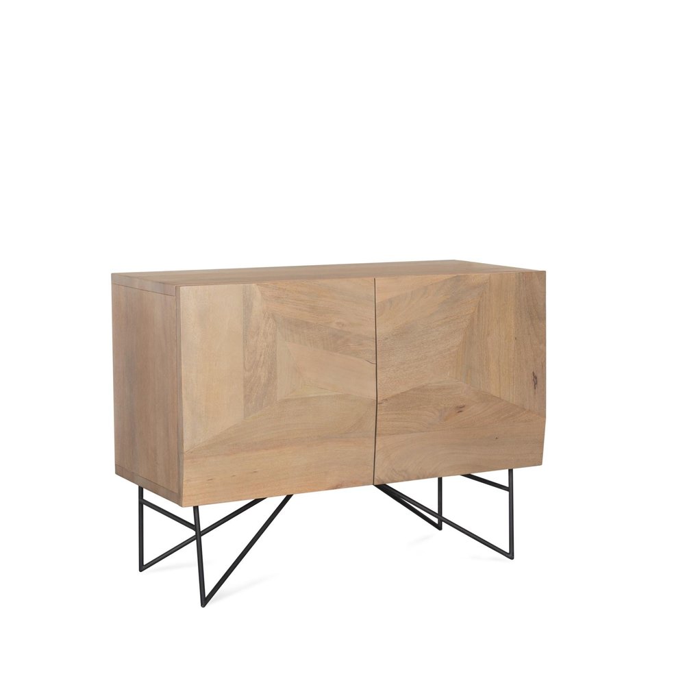 44" Natural and Black Solid Wood and Metal Carved Geometric Accent Cabinet With Two Doors HomeRoots
