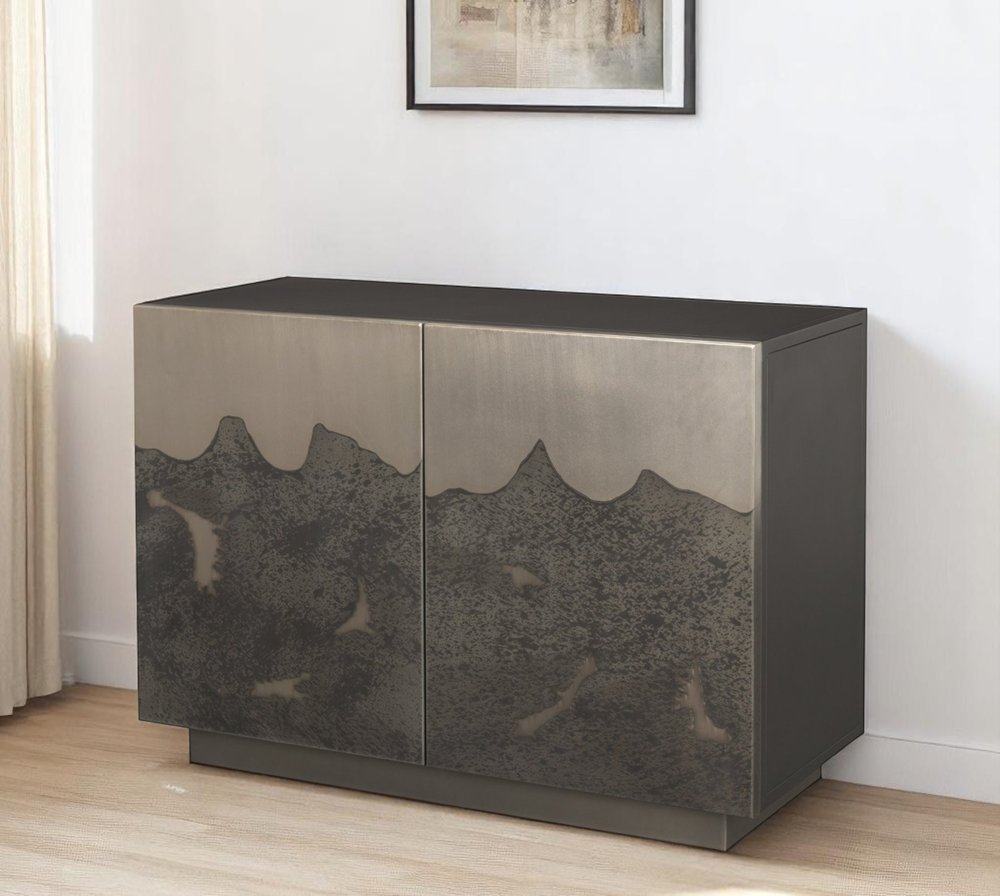 30" Gray Distressed Metal Textured Door Accent Cabinet With Two Doors HomeRoots