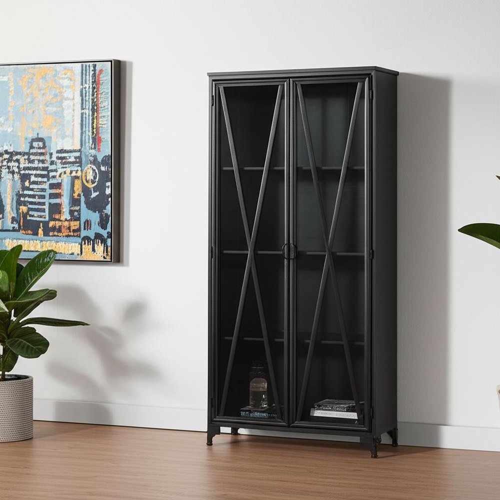 38" Black Glass and Metal Display Cabinet With Two Doors HomeRoots