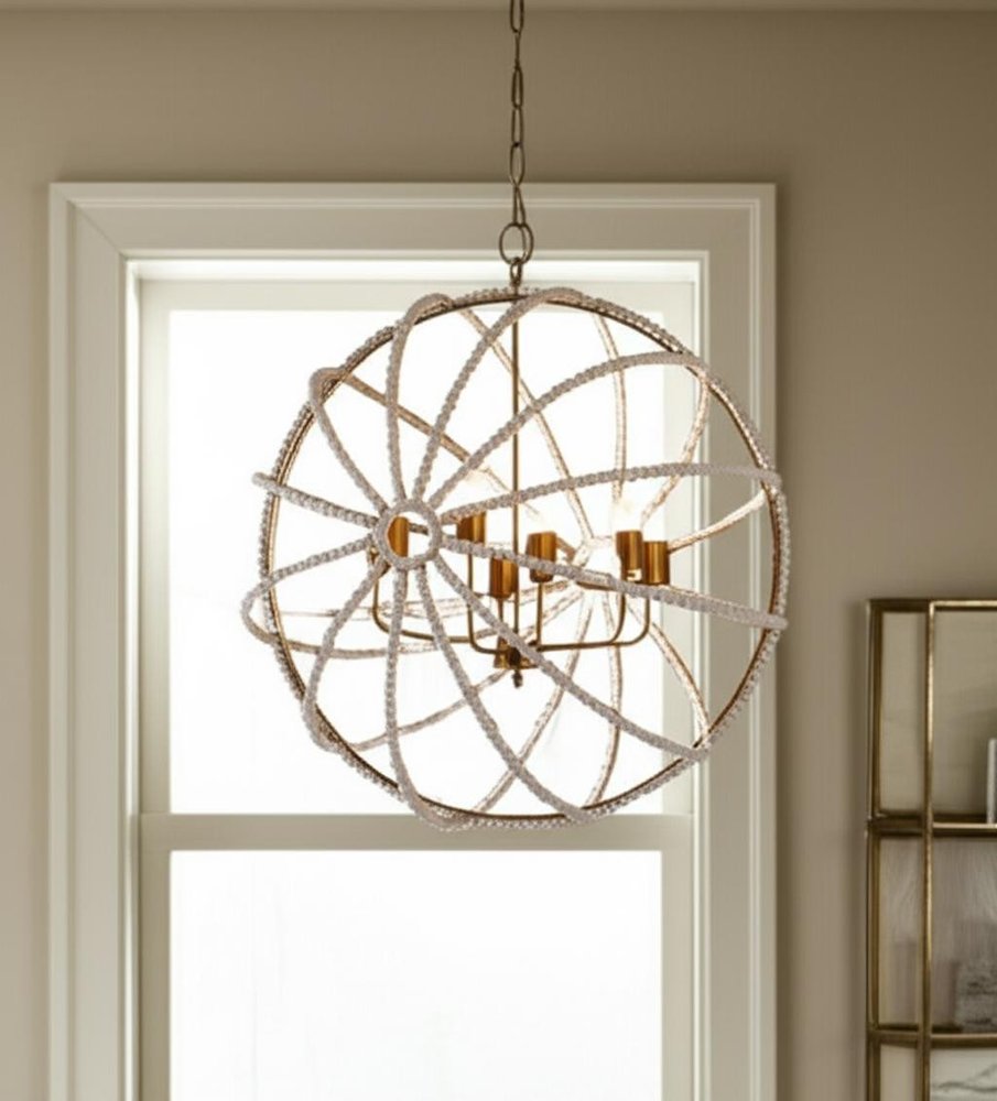 White And Gold Empire Six Light Metal and Beads Dimmable Chandelier HomeRoots