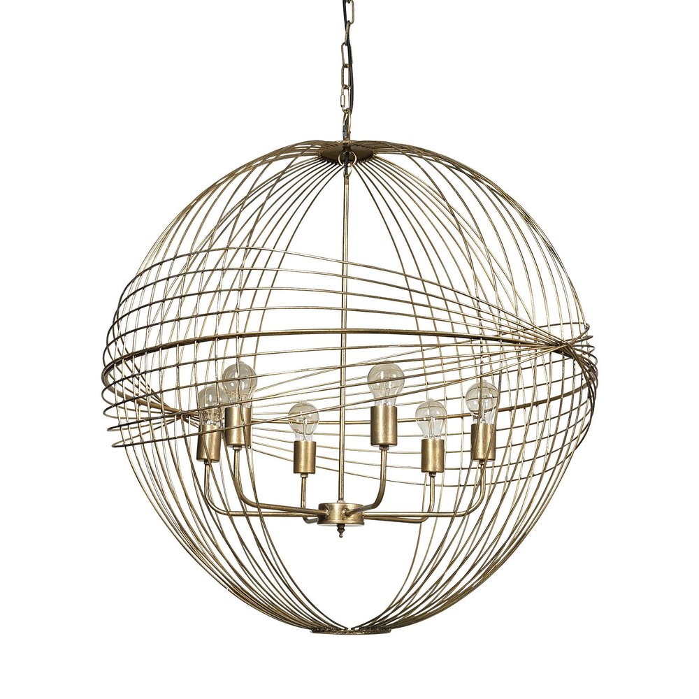 Gold Caged Six Light Metal and Glass Dimmable Chandelier With Gold Shades HomeRoots
