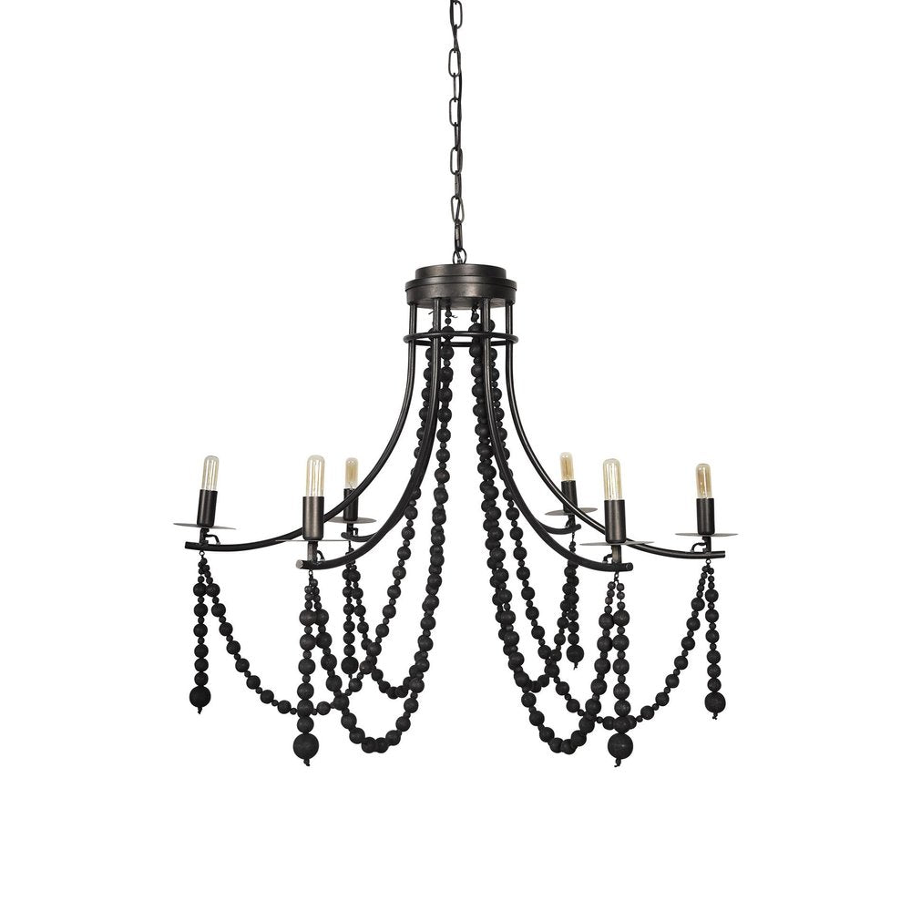 Black Candle Style Six Light Metal and Beads Dimmable Chandelier HomeRoots