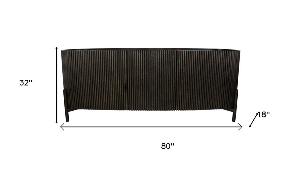 80" Brown Distressed Solid Wood Ribbed Texture Sideboard with Three Doors HomeRoots