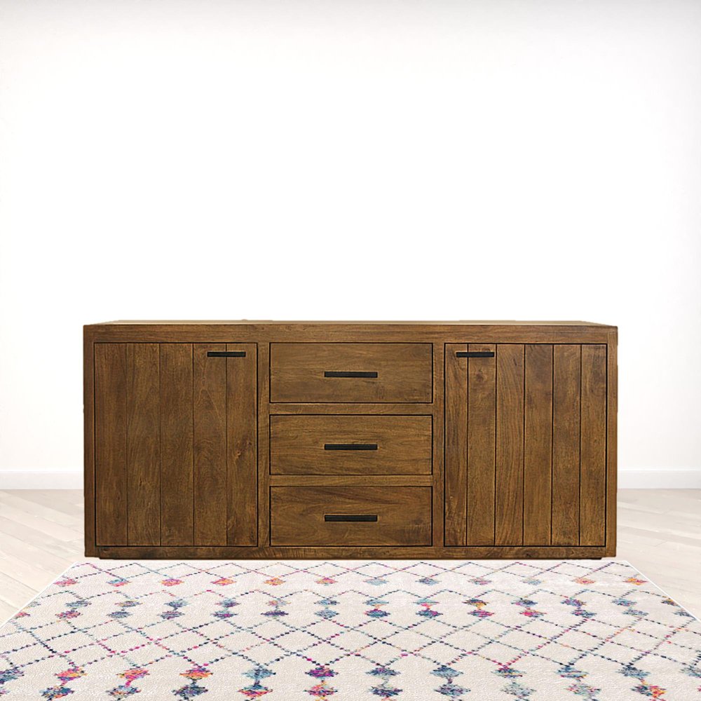 71" Chestnut Distressed Solid Wood Three Drawer Sideboard with Two Doors HomeRoots
