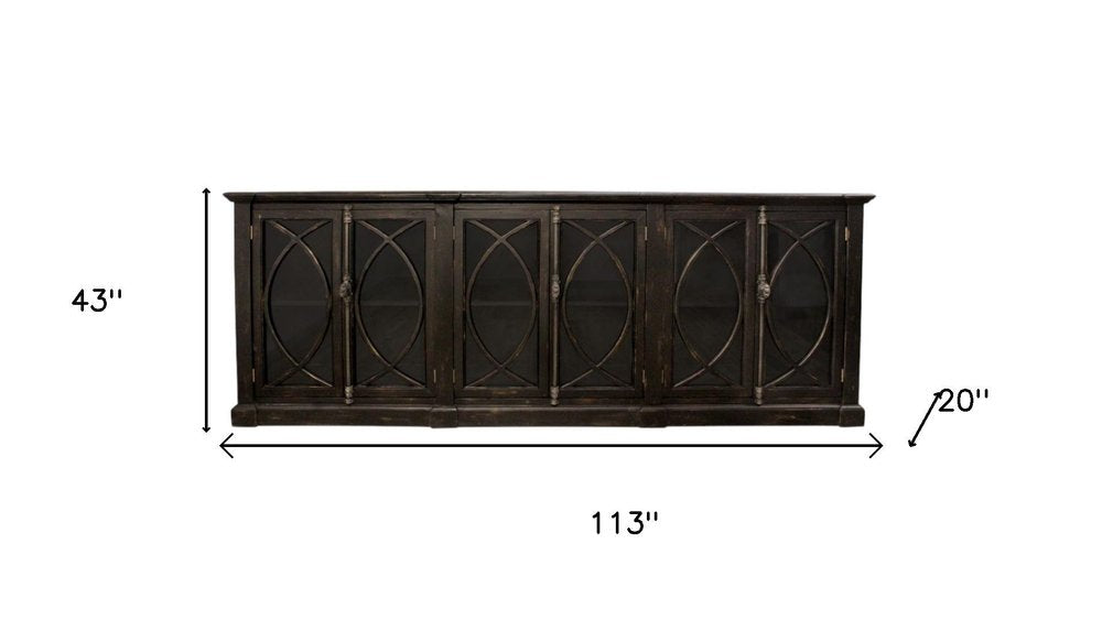 113" Black Distressed Solid Wood Sideboard with Six Glass Doors HomeRoots