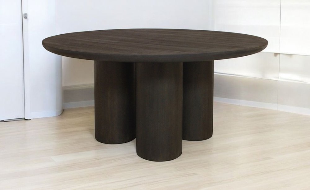 Seven Piece Dark Brown Round Solid Wood Dining Set with Six Chairs HomeRoots