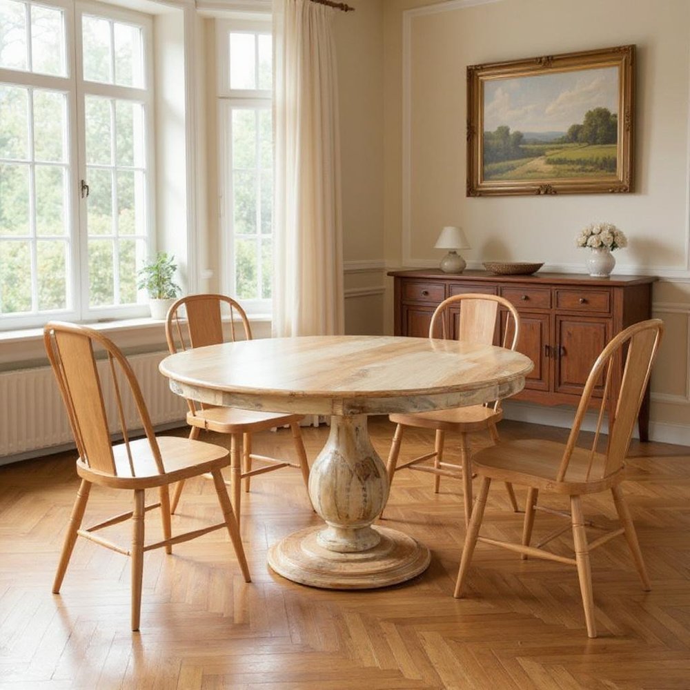 Five Piece Natural Round Solid Wood Dining Set with Four Chairs HomeRoots