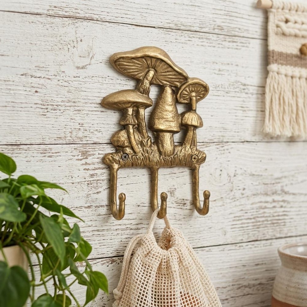5" Antiqued Gold Cast Iron Mushroom Three Hook Wall Mount Coat Rack HomeRoots