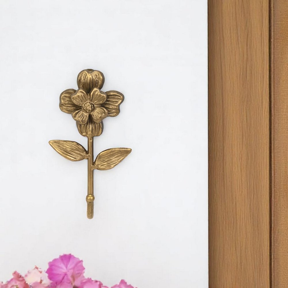 4" Antiqued Gold Cast Iron Flower Wall Hook HomeRoots