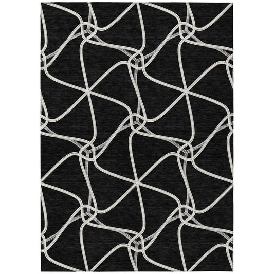 3' X 5' Black And Ivory Geometric Washable Indoor Outdoor Area Rug