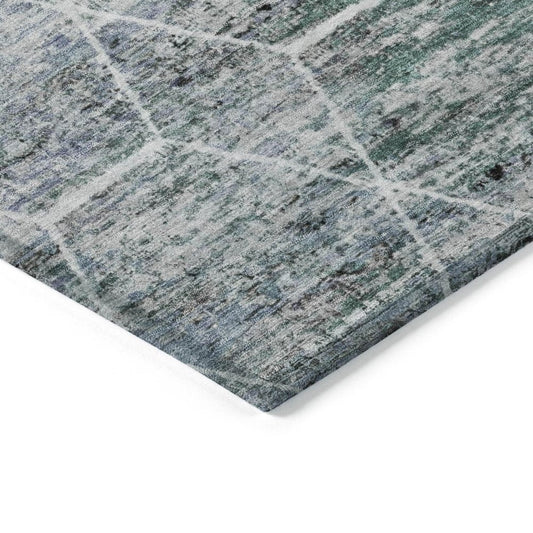 3' X 5' Teal Blue Gray And Ivory Geometric Washable Indoor Outdoor Area Rug