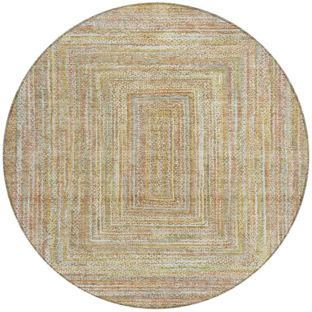 8' Tan Beige And Gold Round Geometric Washable Indoor Outdoor Area Rug HomeRoots