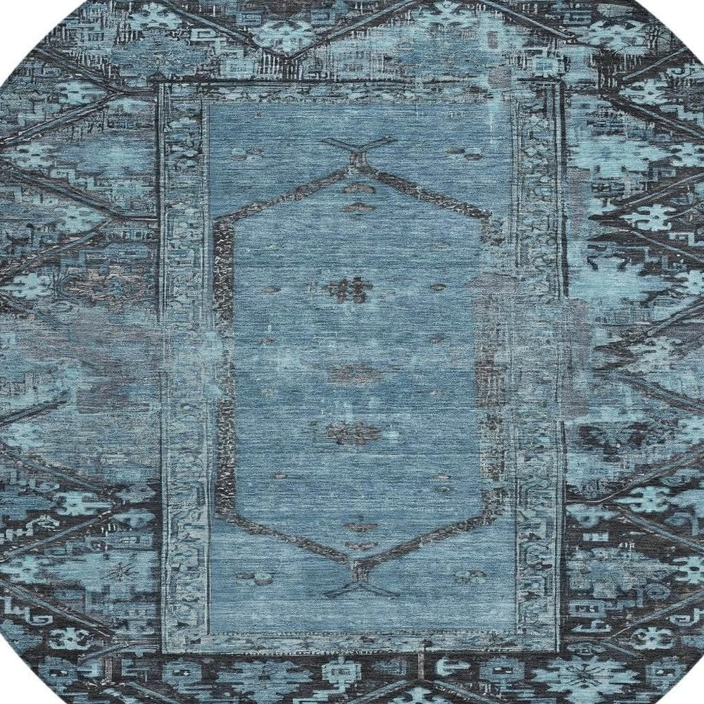 8' Blue And Gray Round Oriental Washable Indoor Outdoor Area Rug HomeRoots