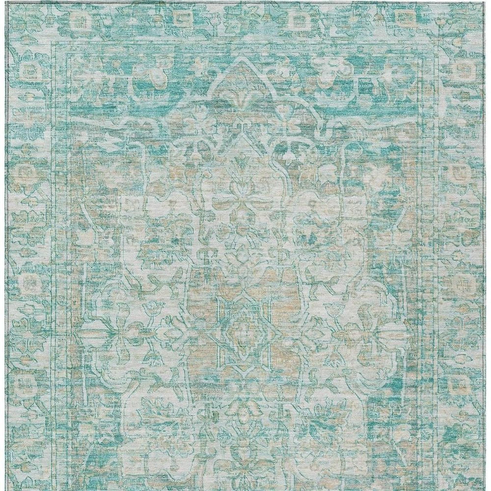 3' X 5' Teal Blue And Ivory Floral Medallion Washable Indoor Outdoor Area Rug HomeRoots