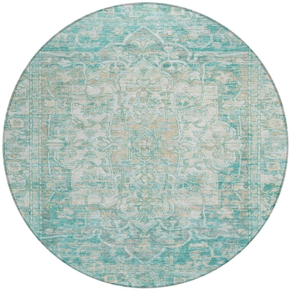 8' Teal Blue And Ivory Round Floral Medallion Washable Indoor Outdoor Area Rug HomeRoots
