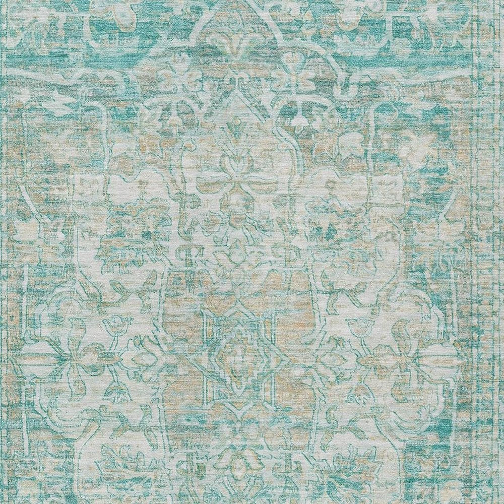 9' X 12' Teal Blue And Ivory Floral Medallion Washable Indoor Outdoor Area Rug HomeRoots