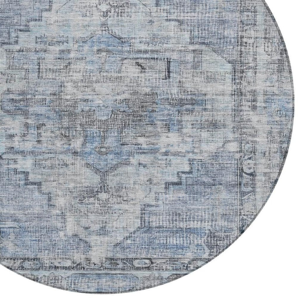 8' Blue Gray And Ivory Round Oriental Washable Indoor Outdoor Area Rug HomeRoots