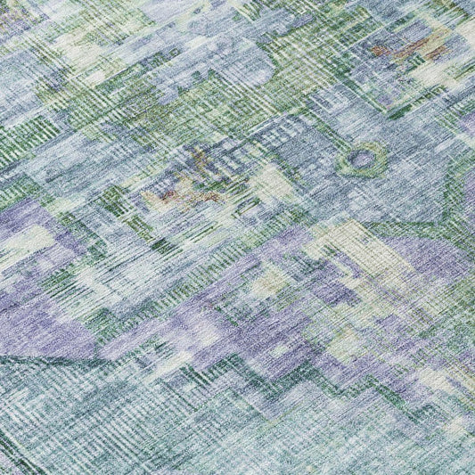 8' Teal Blue Lavender And Ivory Round Oriental Washable Indoor Outdoor Area Rug