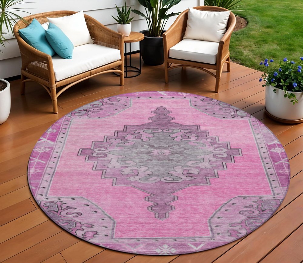 8' Pink And Blush Round Geometric Washable Indoor Outdoor Area Rug HomeRoots