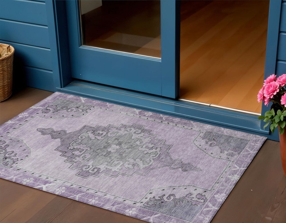 3' X 5' Plum And Gray Geometric Washable Indoor Outdoor Area Rug HomeRoots