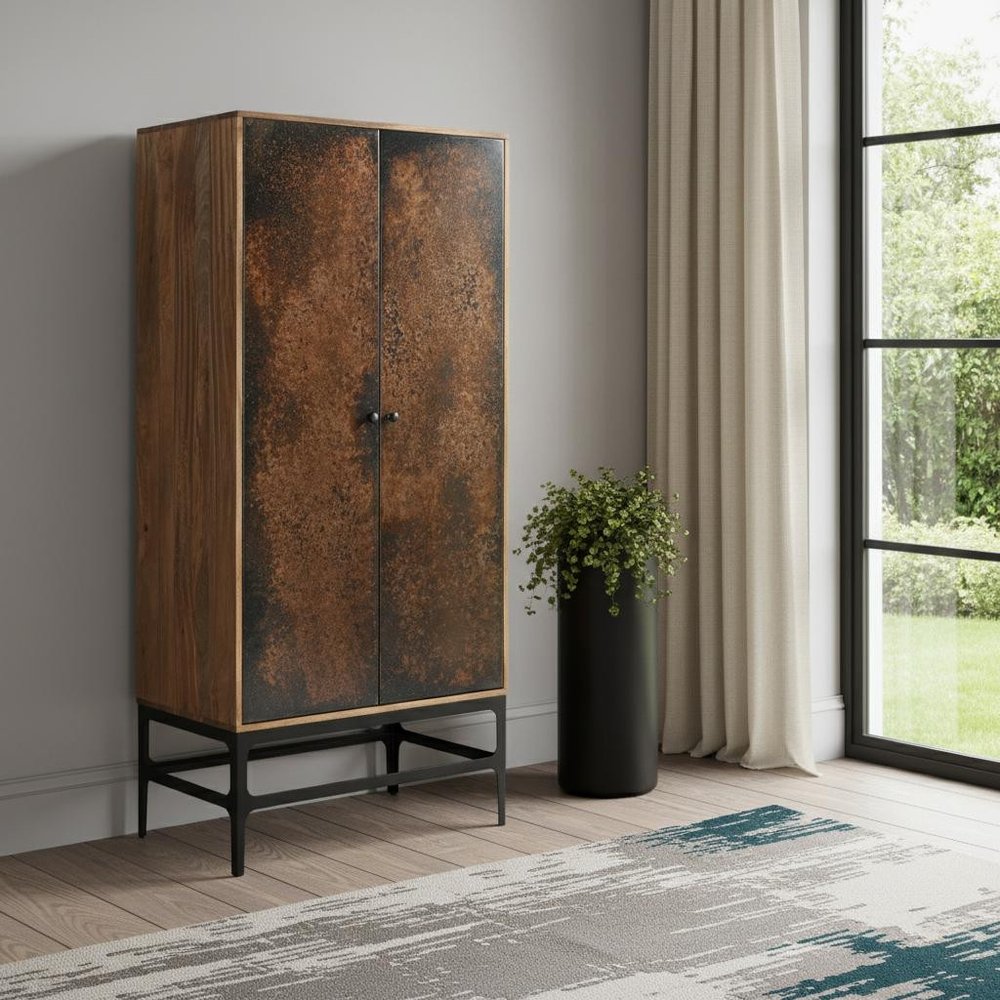 32" Copper and Black Distressed Solid Wood Frame Accent Cabinet With Two Doors HomeRoots