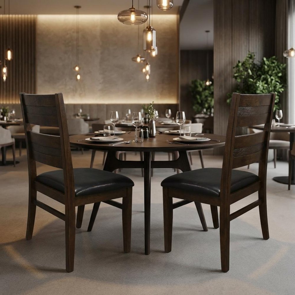 Set of Two Black And Dark Brown Faux Leather And Solid Wood Partially Open Back Dining Side Chairs HomeRoots