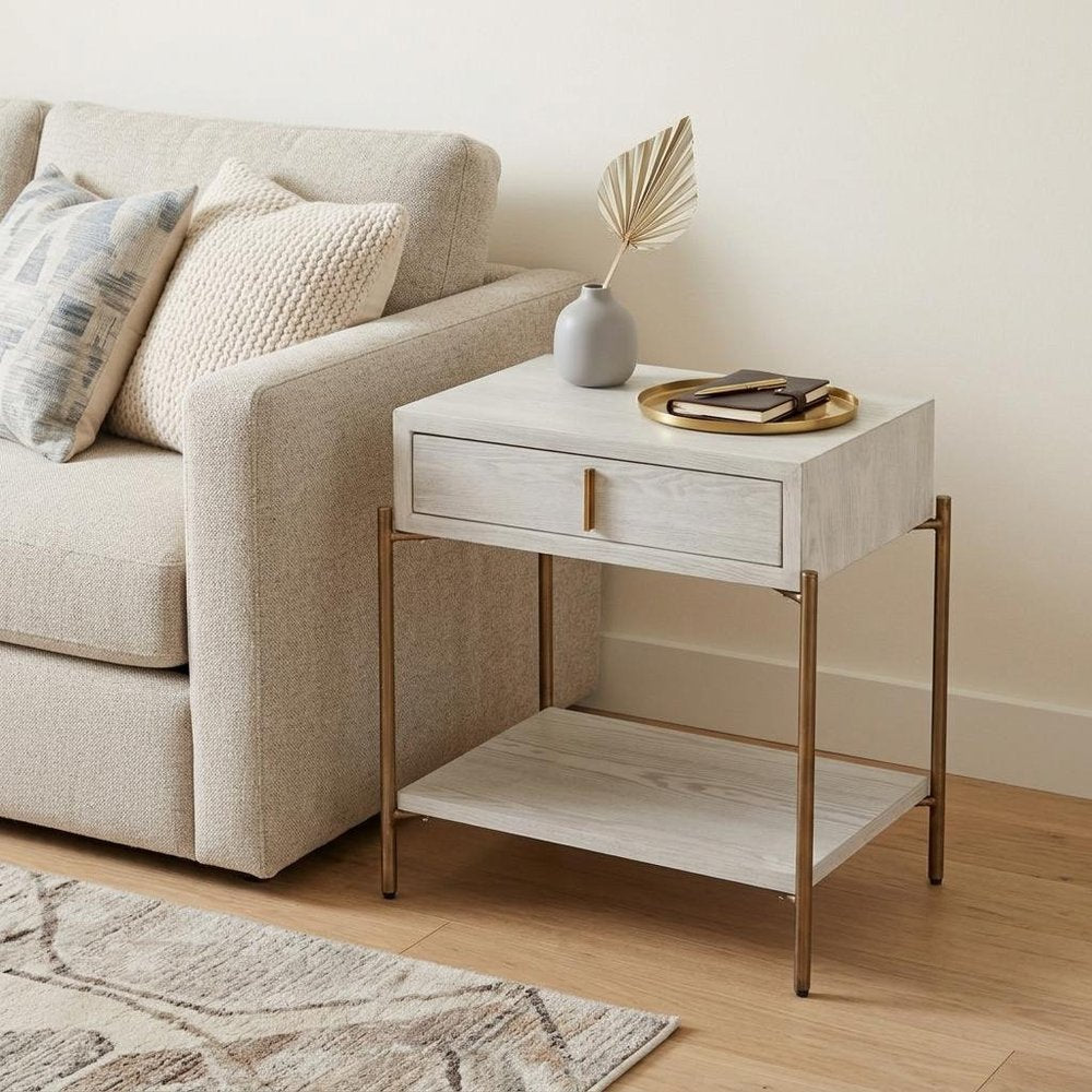 26" White and Bronze Wood and Steel End Table With Drawer And Shelf HomeRoots