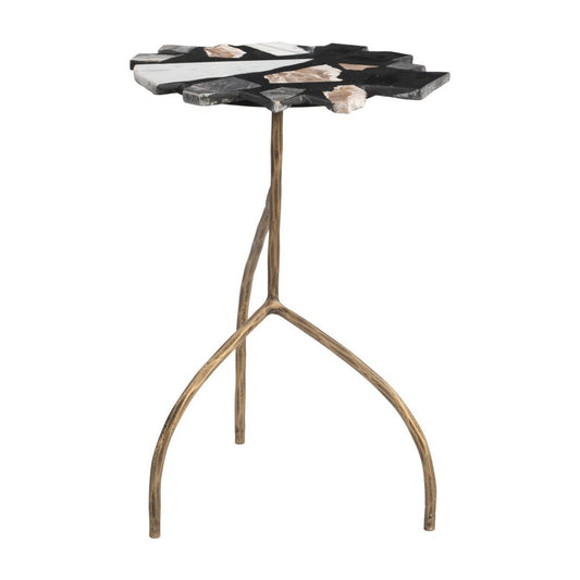 23" Black Brown White and Gold Terrazzo and Iron Free Form Pedestal End Table
