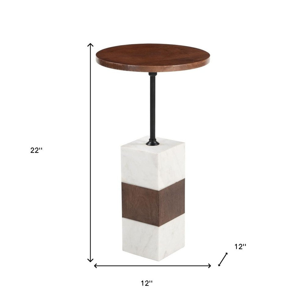 22" Brown and White Solid Wood Iron and Marble Circular Pedestal End Table HomeRoots
